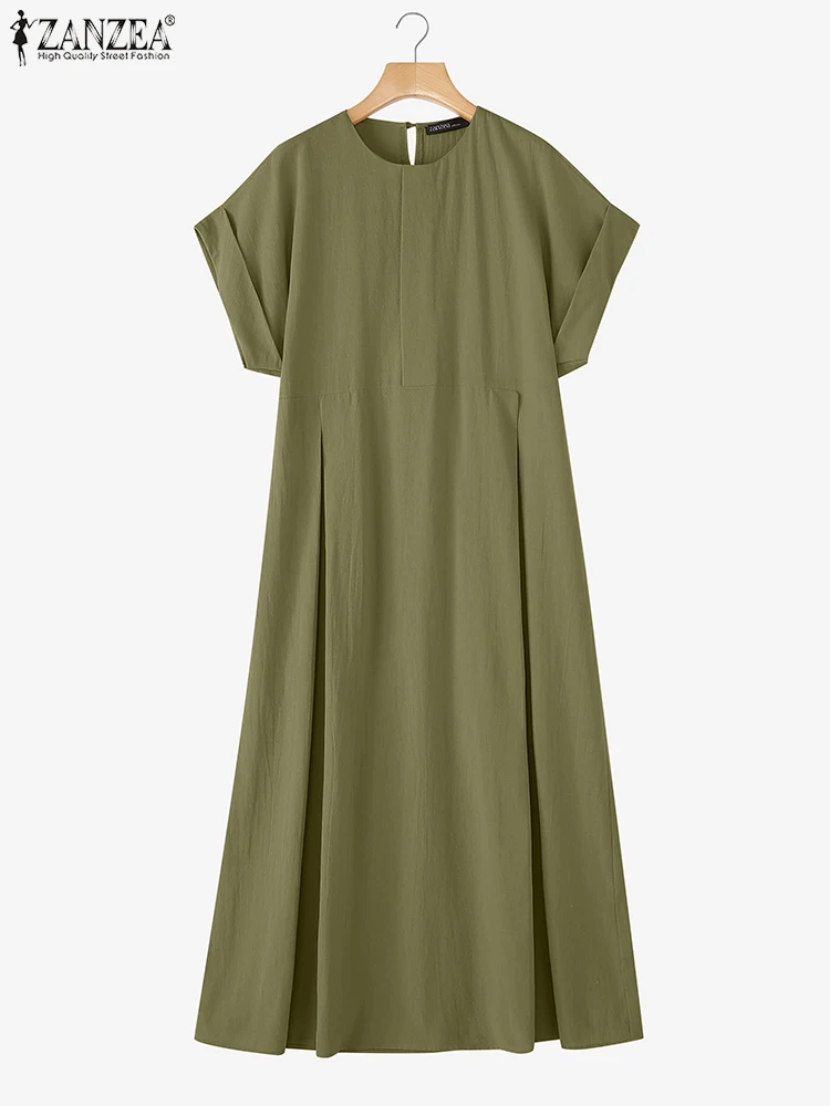 2023 ZANZEA Sommer Kleid Stilvolle Frauen Lose Kleider Casual O Hals Kurzarm Sommerkleid Solide Gefaltete Lange Robe Arbeit Vestidos