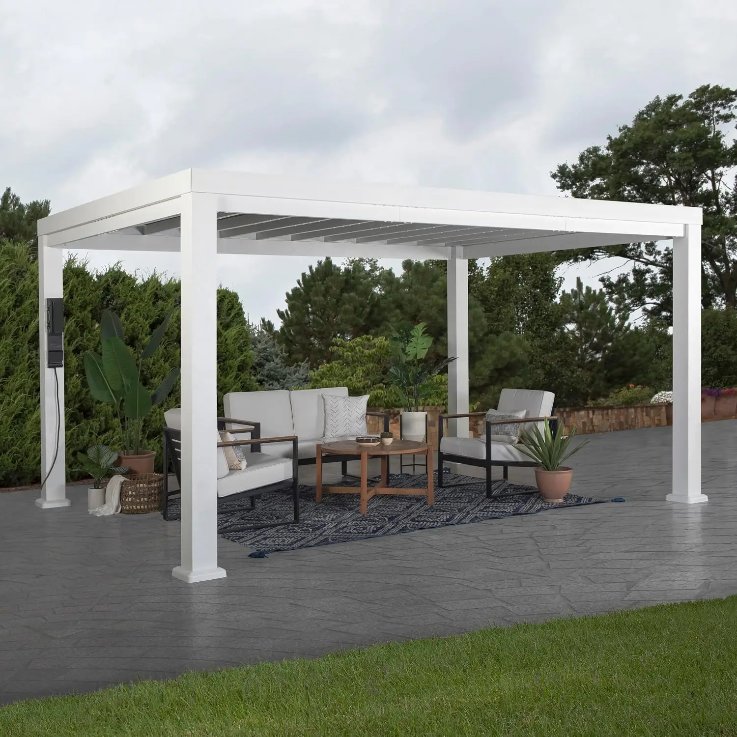 Windham 14' x 10' Modern Galvanized Steel Pergola Kit with Shade Sail Canopy, All-Season Durability, PowerPort, High-Wind Rating