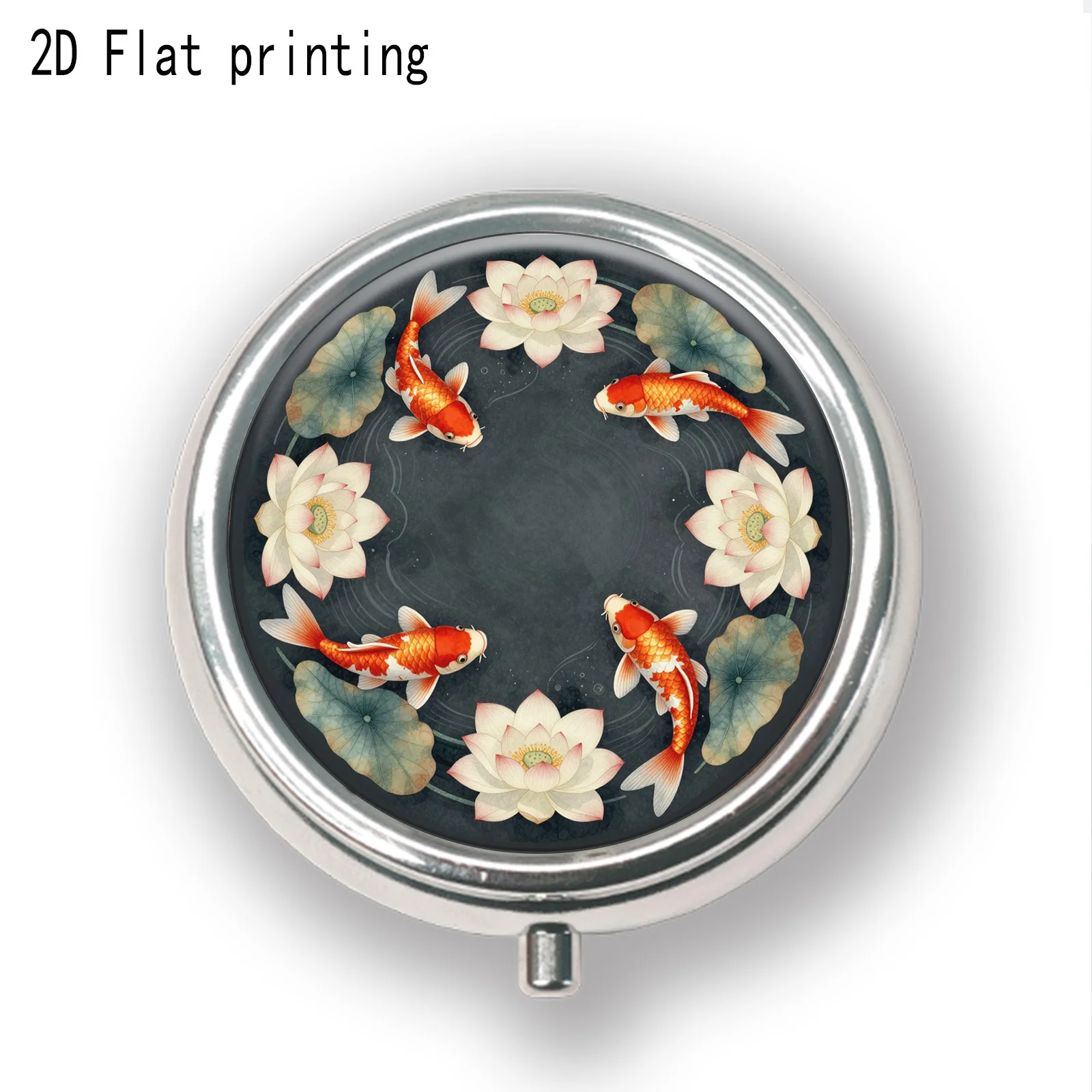 Single piece, flat print, round three-compartment small box with koi fish and Zen style, portable travel storage and organizer box, suitable for vitamins, small items, and easy daily carry in handbags