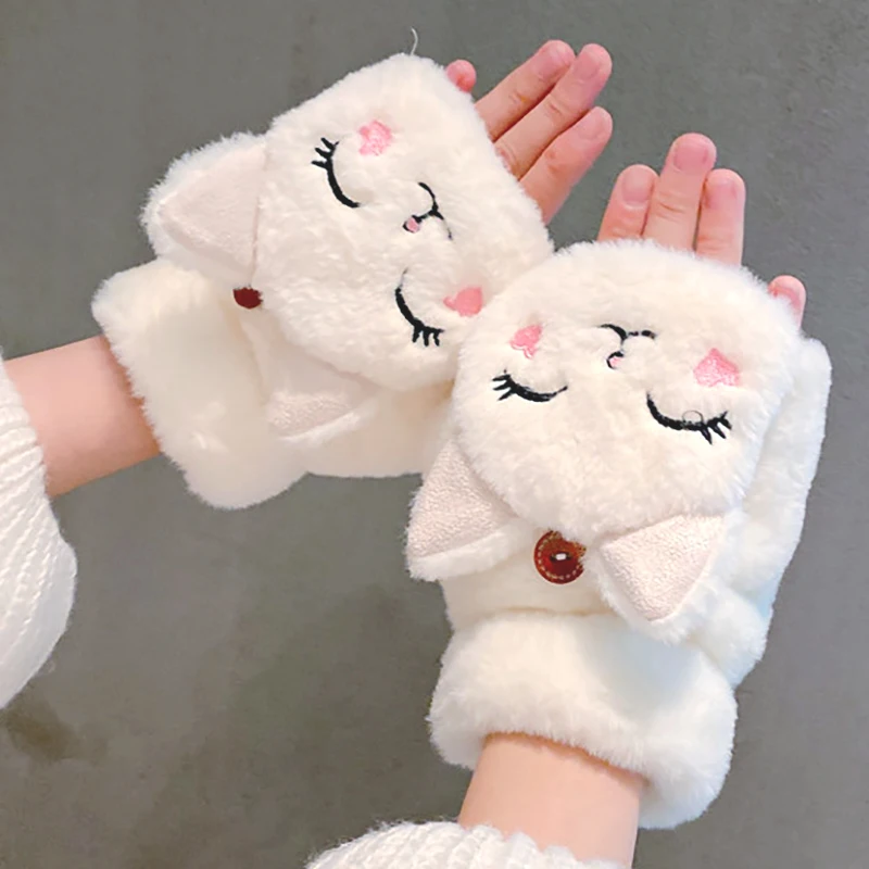 Women Winter Plush Cat Mittens Fingerless Gloves Plush Warm Glove Winter Soft Thick Gloves for Women Girl Flexible Half Finger