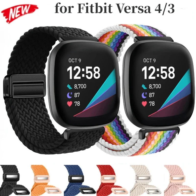 Nylon Magnetic Braided Loop Strap for Fitbit Versa 4/3 Metal Bracelet Wristband for Fitbit Sense 2/1 Adjustable Band Accessories