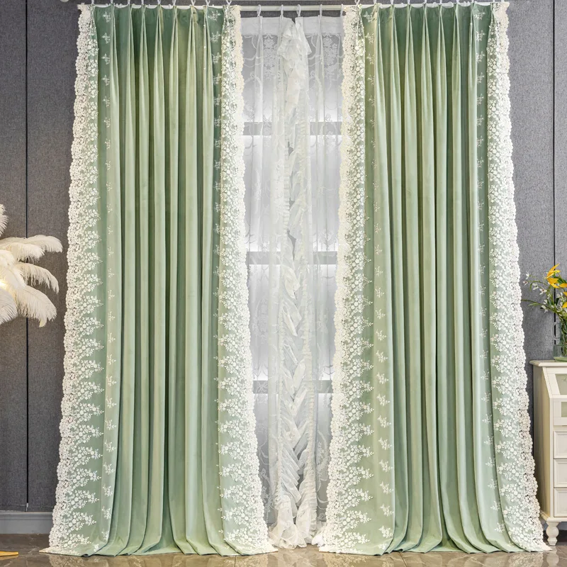 French  Embroidery Lace Relief Flowering green Bedroom velvet cloth blackout curtain tulle drape C2191