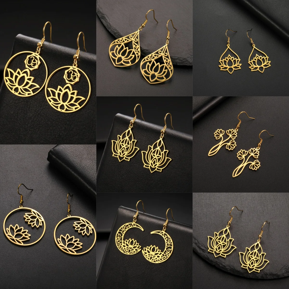 

European and American Fashion Hollow Lotus Pendant Women's Earrings 304 Stainless Steel Round Flower Charm Yoga Jewelry