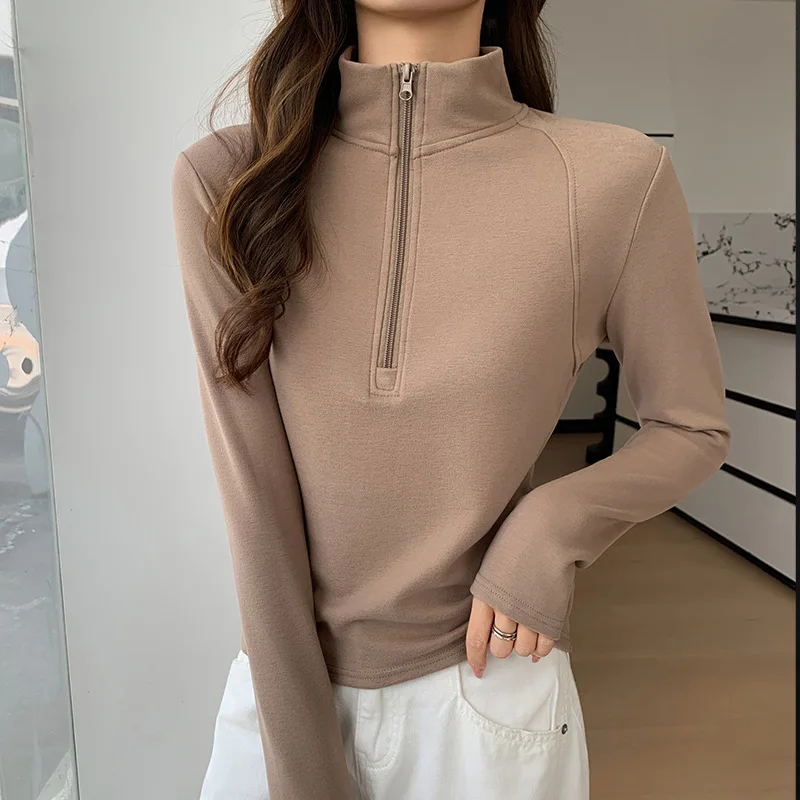 

Осень-зима, флисовые теплые толстовки, женские шикарные пуловеры с полувысоким воротником, женские топы на молнии с длинными рукавами Mujer