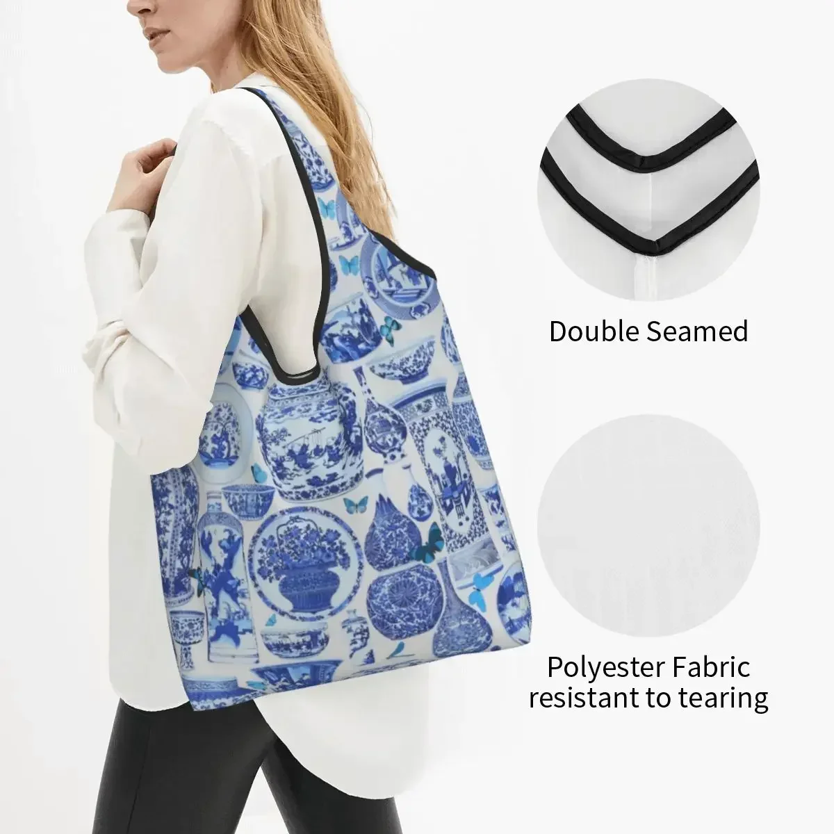 Reusable Delft Blue Porcelain Vases Pattern Shopping Bag Tote Bag Portable Antique Oriental Toile Groceries Shopper Bags