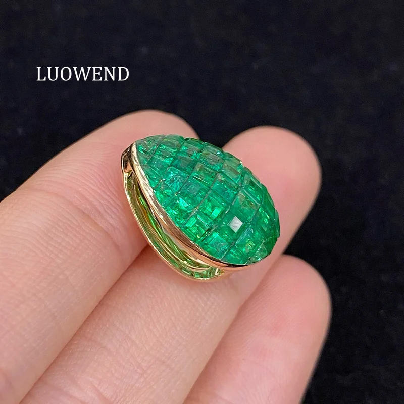 LUOWEND 100% 18K Yellow Gold Pendant Luxury Water Drop Shape Natural Emerald Necklace Pendant for Women High Gemstone Jewelry