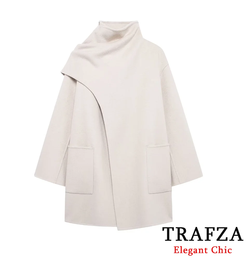 TRAFZA Scarf Collar Blended Coat Women's Pockets Minimalist Romantic Long Coat New 2024 Fall Winter Fashion Simple Elegant Coat