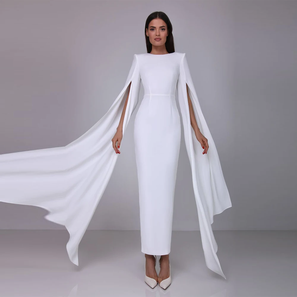 

Modern Long Gown White Satin Split Wedding Party Sheath O-Neck Bespoke Occasion Gown Hall Wedding Dress Gowns 2024