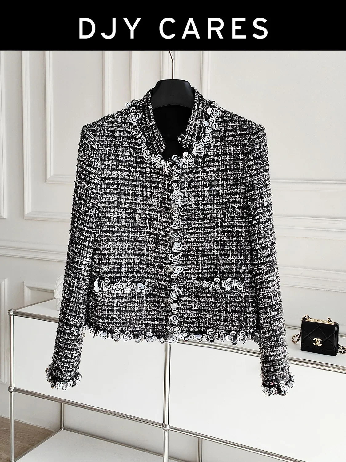 

New Exquisite stand up collar sequin embellishment floral coat commuter top big size