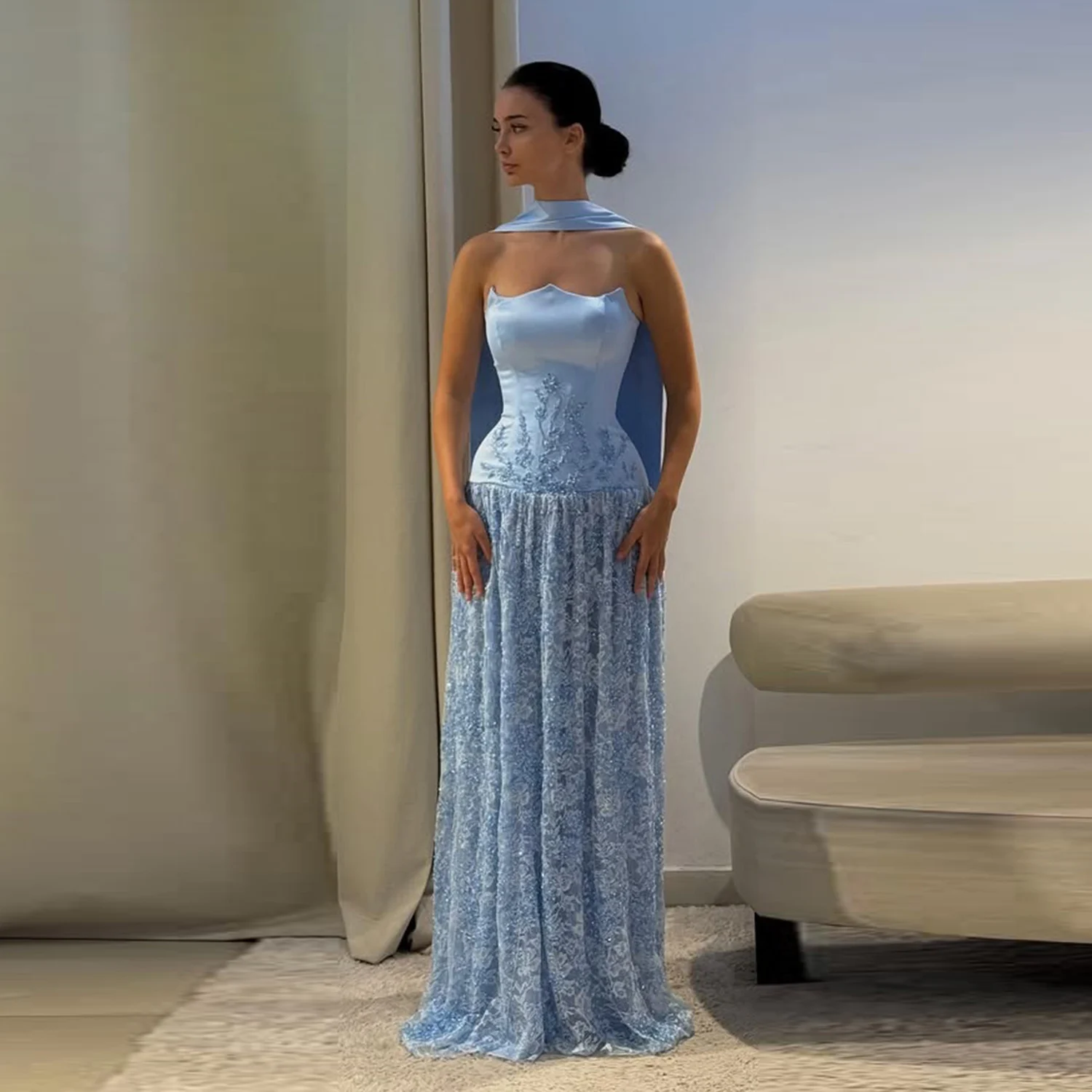 

Light Sky Blue Satin And Lace Prom Dress Elegant Strapless A Line Evening Gowns Lace Up Back Women Formal Party Dress