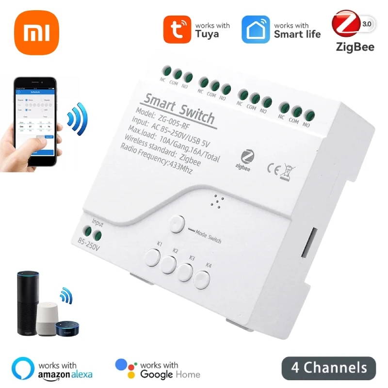 Xiaomi Tuya Zigbee 4CH Smart Switch Relay Push Button Light Wireless Switch Module Smart Life APP Control Voice Alexa Google