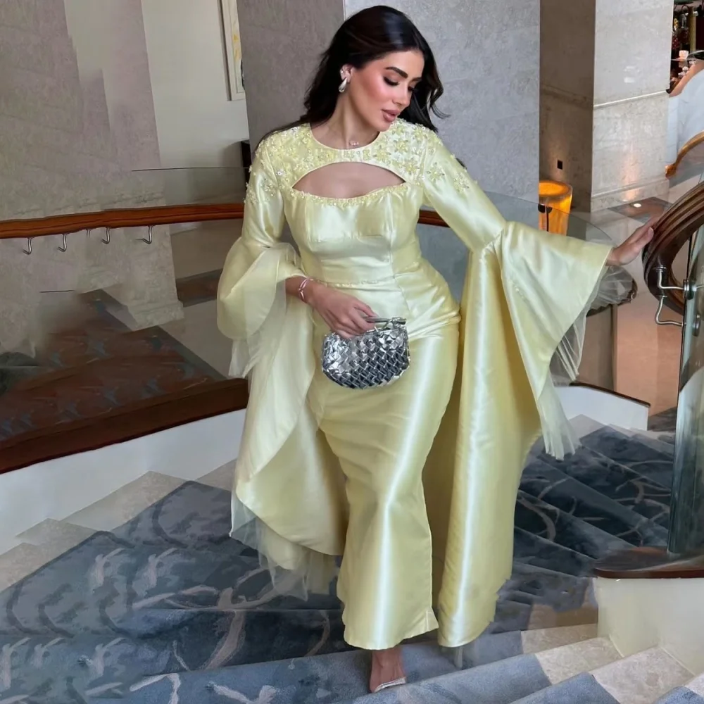 فستان سهرة مخصص رائع بأكمام طويلة فساتين لحضور الحفلات الموسيقية Ruched مناسبة رسمية لامعة مزين بالزهور فستان حفلة رداء سواريه