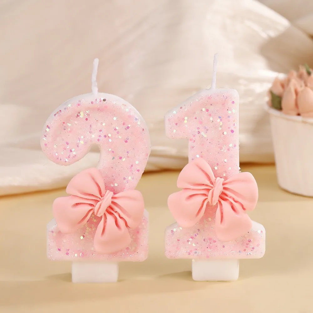 Velas de fiesta con lazo rosa número 0-9, suministros de decoración de pasteles para fiesta de cumpleaños para niños, fiesta de feliz cumpleaños rosa bonita