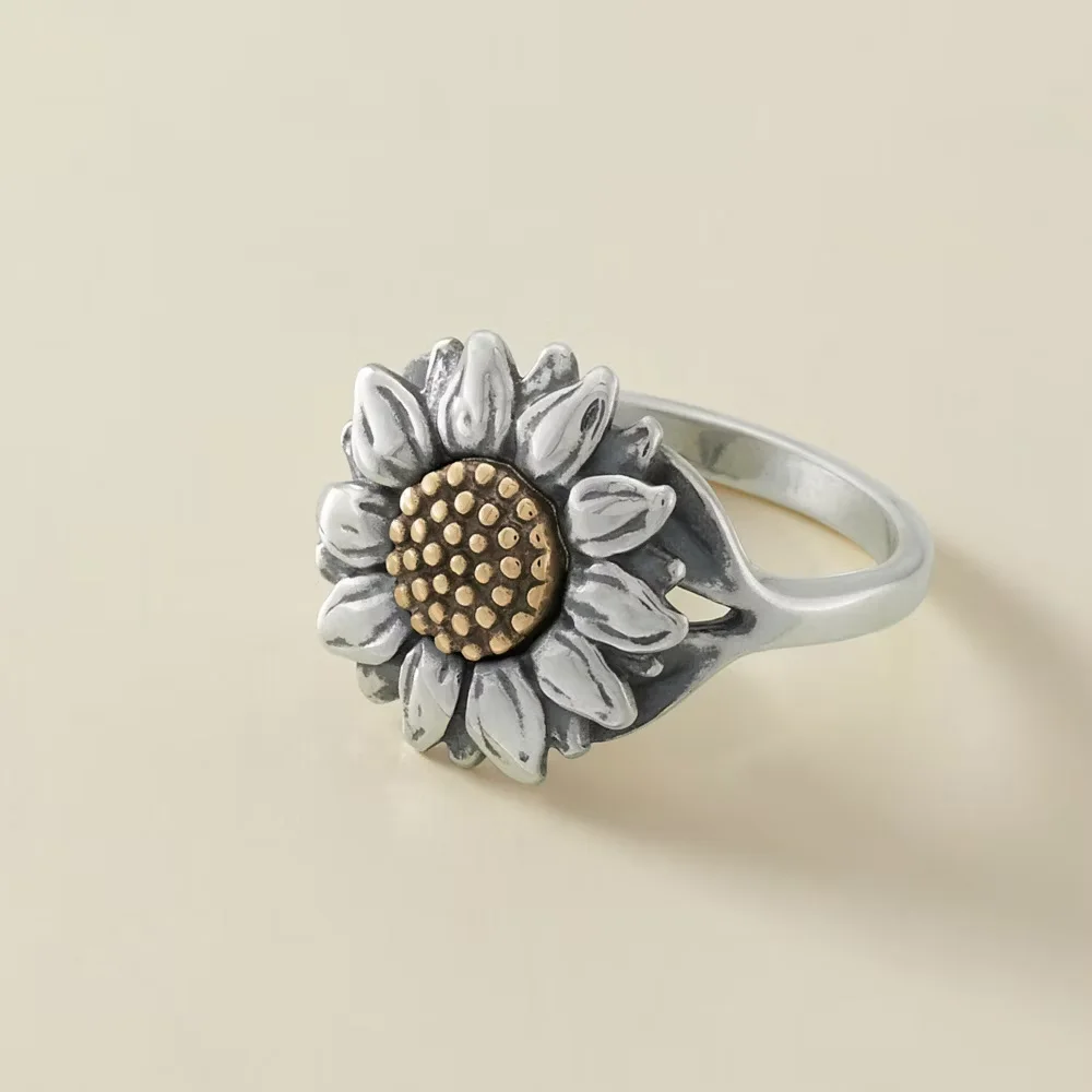 James Avery S925 Sterling Silver Sunflower Ring, Two Tone Gold Center Flower Band Ring, Nature Floral Jewelry Gift