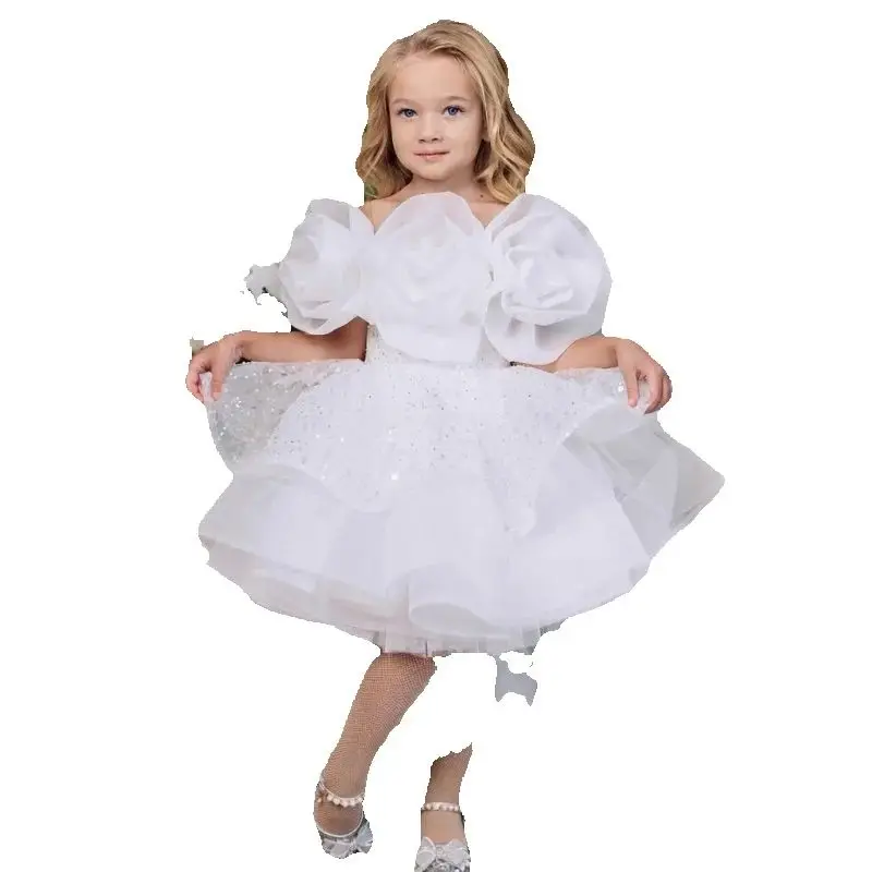 Weißes Prinzessinnen-Tüllkleid mit Blumenmuster für Kinder, Pailletten-Festkleid, Abendkleid, Kostüm, Mädchen-Geburtstagsparty, Formelles Kleid