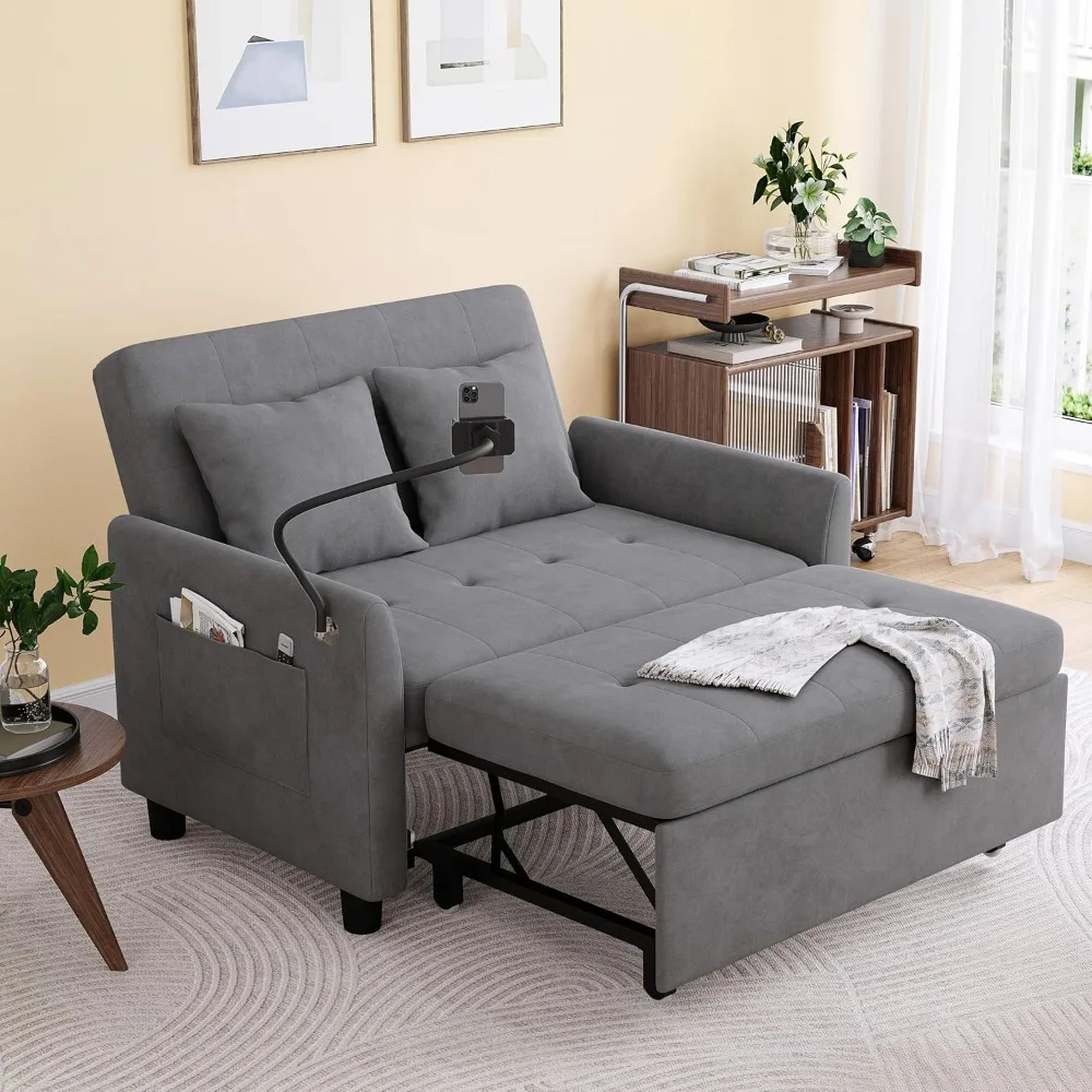 Sleeper Sofa Bed, 3 in 1 Convertible Sleeper Couch Bed Pull Out, Futon Couch Full Size, with Pillow and Phone Holder, Sofa