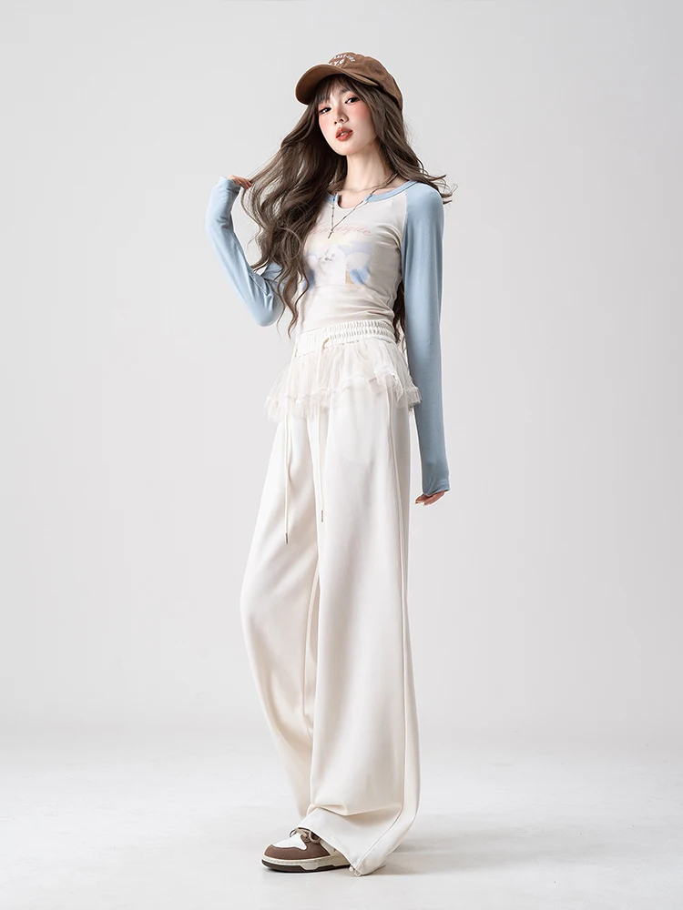 

angwei Luo Lace Patchwork Casual Pants Women's Spring New Vintage High Waist Drapey Loose Leggings Briti Sle Straight Leg