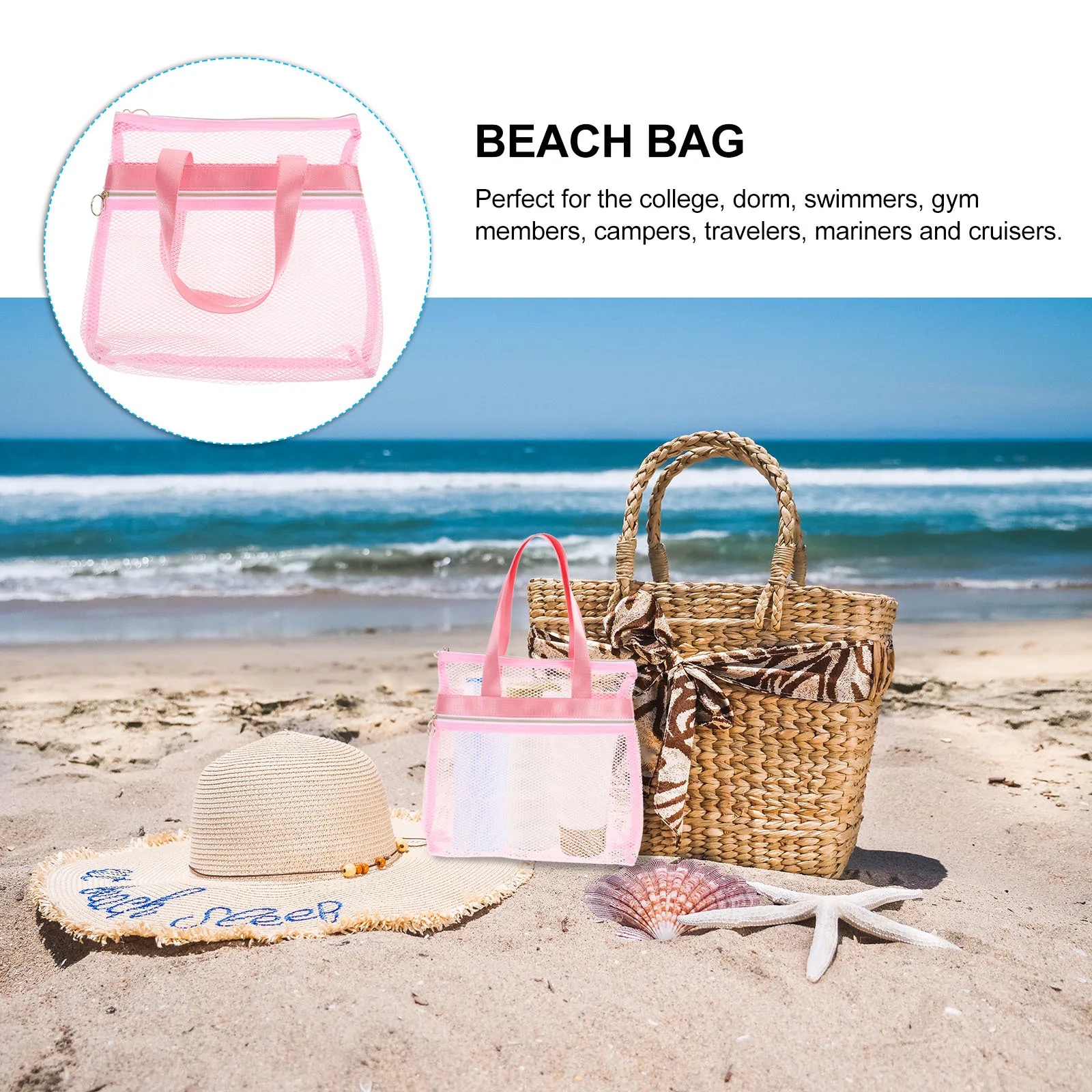 Neceser de viaje de malla transpirable, bolsa de playa de nailon portátil, ligera y duradera para natación, gimnasio, Camping, bolsa de playa de malla