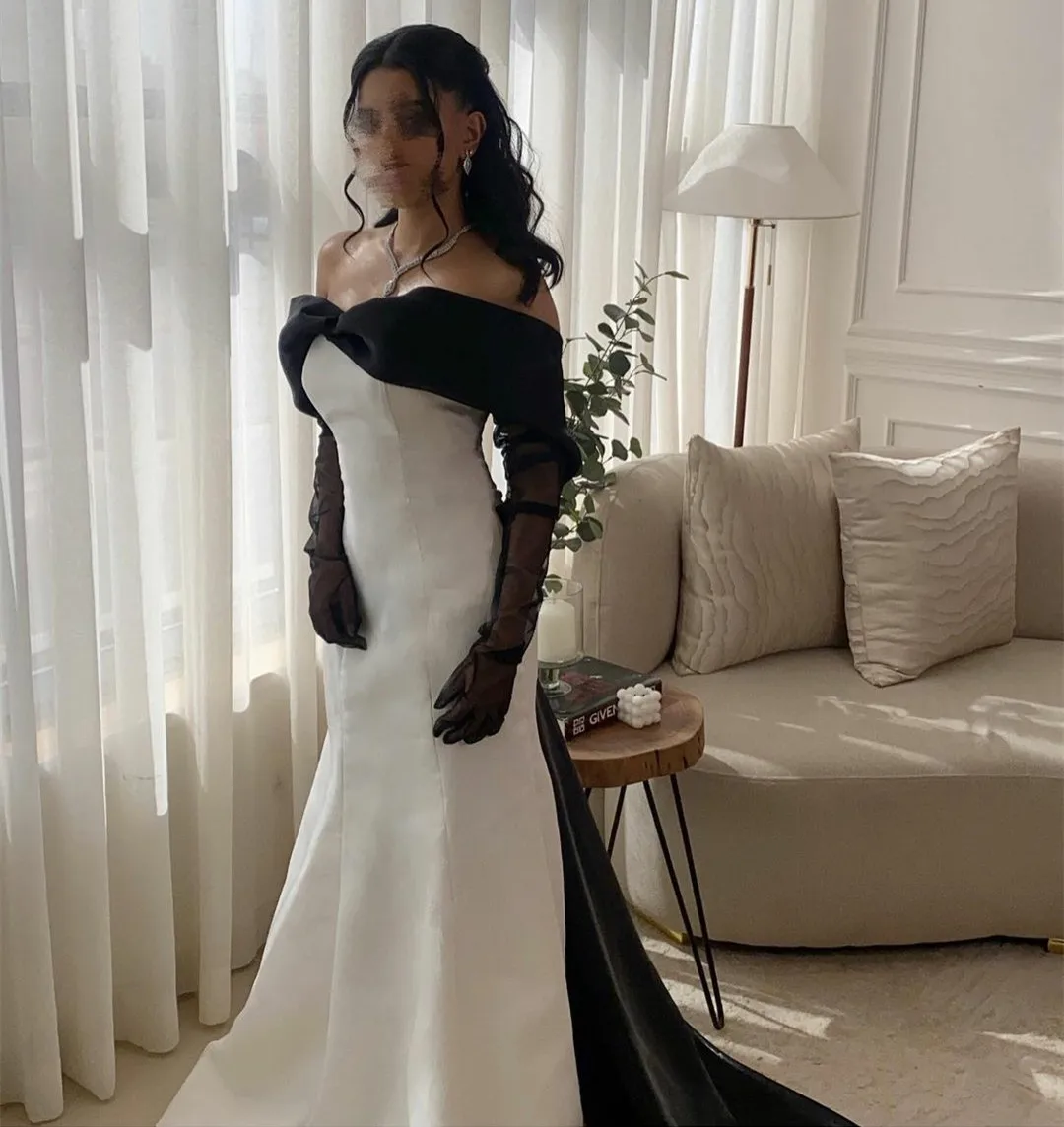 Elegant Black White Women Evening Party Dresses Mermaid Off Shoulder Satin Prom Formal Celebrity Gowns Arabic Robe De Soiree