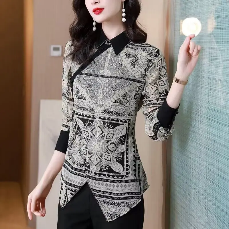 Vintage Printed Lapel Button Asymmetrical Blouses Women's Clothing 2023 Autumn Winter Loose Korean Pullovers Irregular Shirts