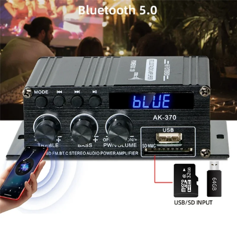 ABMF-مضخم الصوت 2.0 قناة HIFI بلوتوث أمبير الصوت الرقمي 12 فولت 3A AK370 للسيارة المنزل باس ثلاثة أضعاف