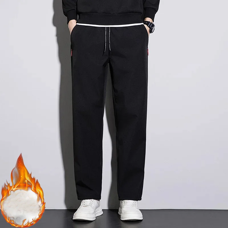 

men's solid color casual pants fashion Velvet Straight trousers autumn winter fleece thickened thermal loose sweatpants for men
