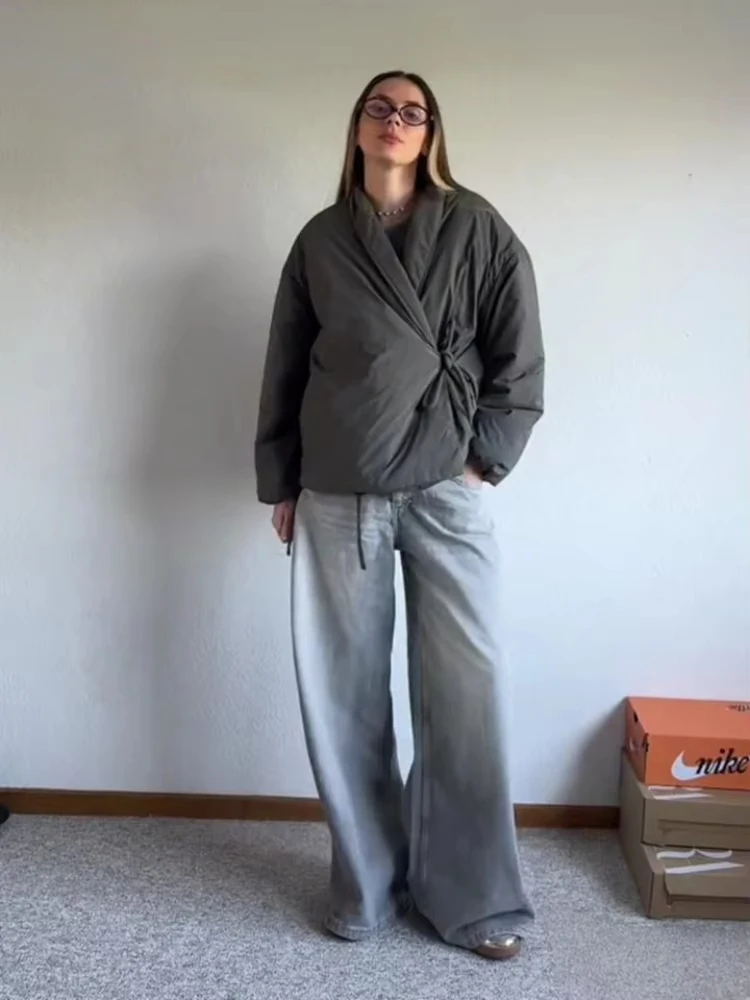 

Fashion Lace Up Padded Cotton Jacket Women Casual Loose Parkas Coat Vintage Outwear Female Warm Quilted Outerwears