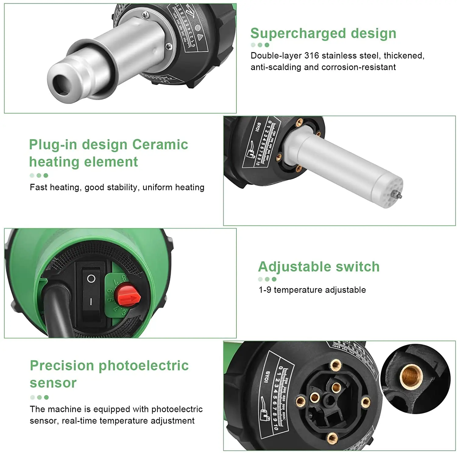 Pistole termiche saldatura in plastica ad aria calda da 1600W, pistola ad aria calda 40 ° c-600 ° c temperatura regolabile per paraurti in plastica