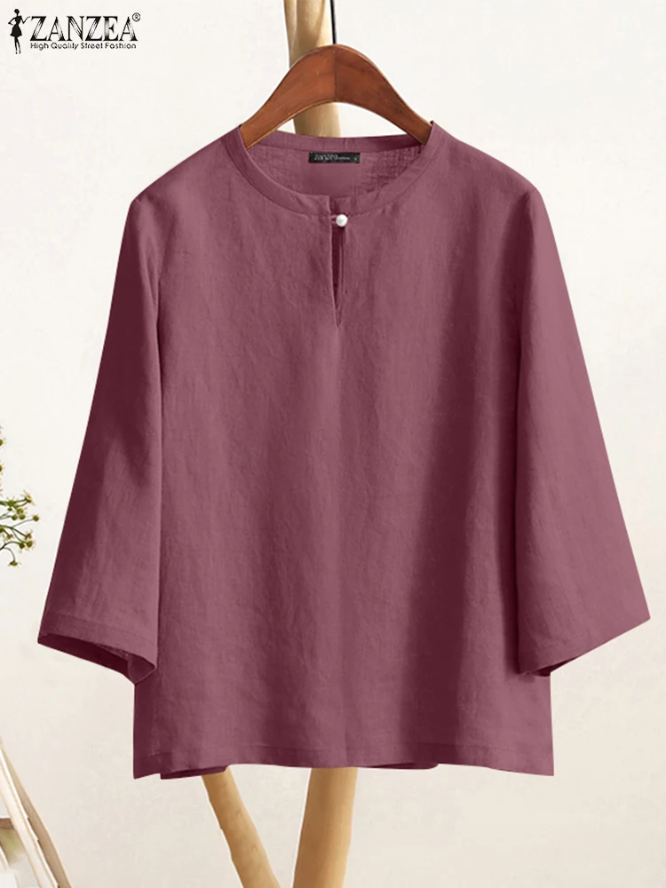 ZANZEA Vintage O cou Blouse solide coton 3/4 manches tenue quotidienne Blusas Mujer 2025 printemps été décontracté ample plaine haut pour femme