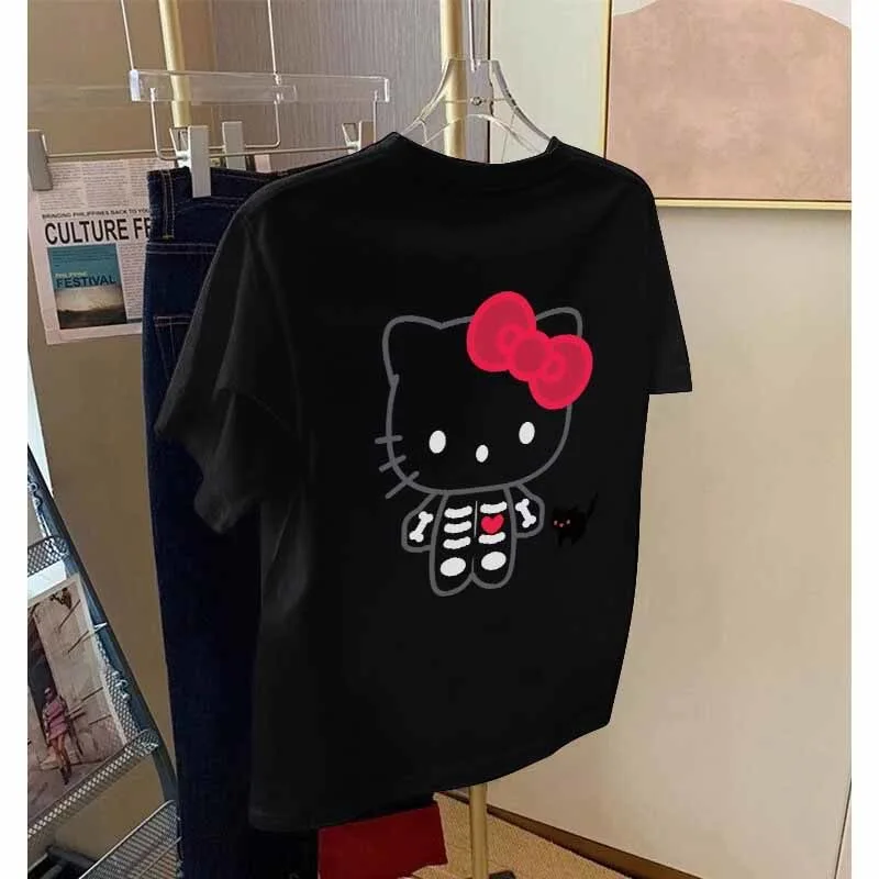 Skull Hello Kitty T Shirts 100% Cotton Cartoon Sanrio Printed T-Shirt for Women Oversized Halloween Hello Kitty Tees Y2k Tops