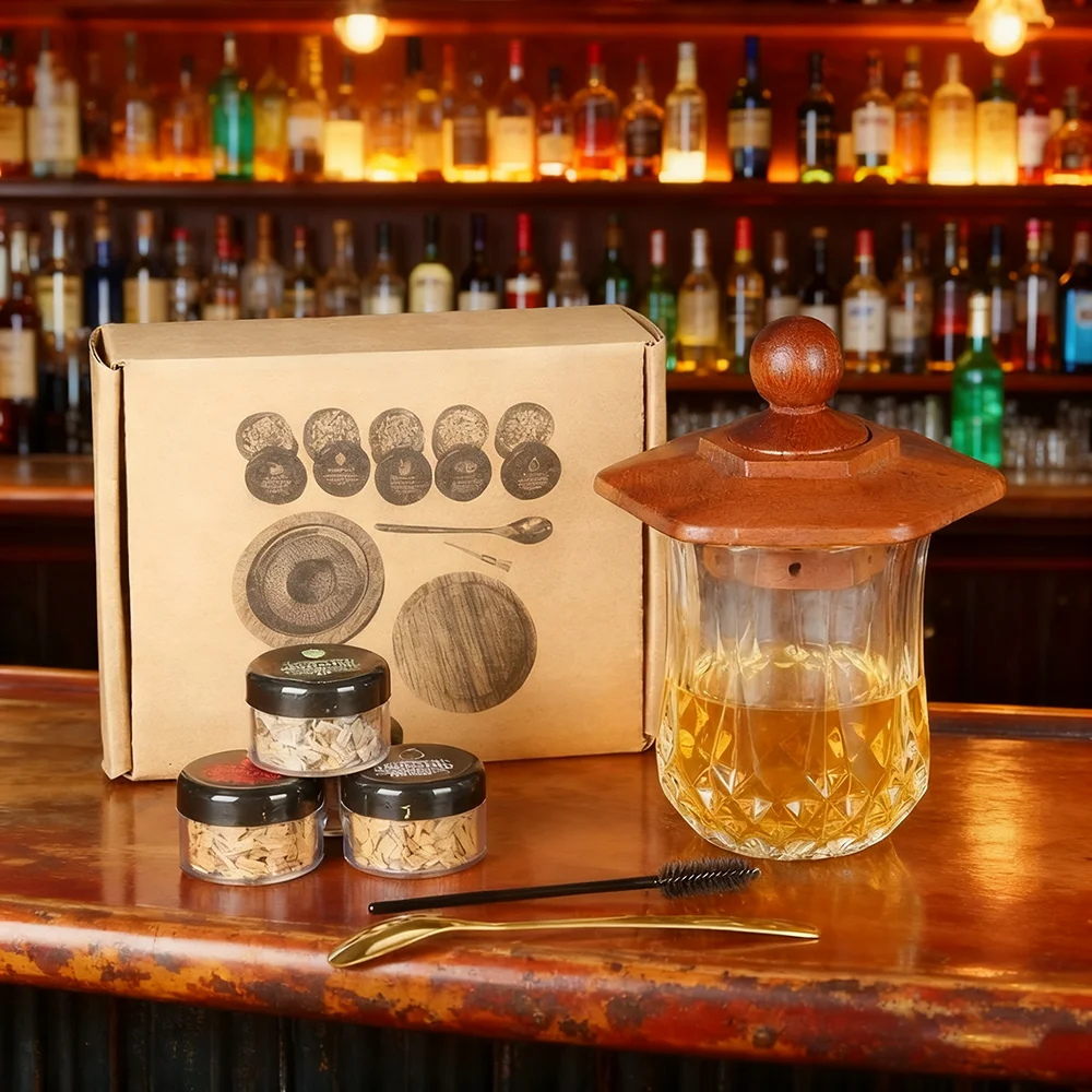 الزجاج العلوي المدخن كوكتيل المدخن عدة مع 4 قطعة رقائق الخشب نادل اكسسوارات لمشروبات ويسكي التدخين طقم هدايا للرجال