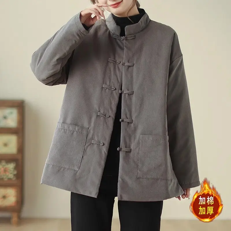 2024 Winter New Chinese Straight Cotton Jacket Simple Stand Collar Solid Color Retro Pan Button Quilted Coat Mujer Abrigos a198