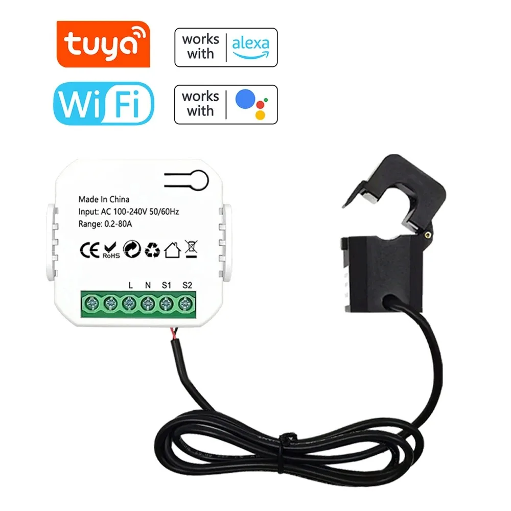 Tuya WiFi Energy Meter 80A Current Transformer Clamp KWh Power Monitor Electricity Statistics Monitoring Device Voice Control