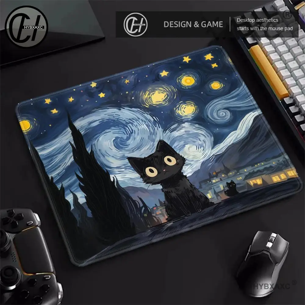 Starry Night Black Cat Small Mouse Pad Van Gogh's Desk Mat Desktop Computer Keyboard Wireless Mouse Boy Girl Gift for Play games