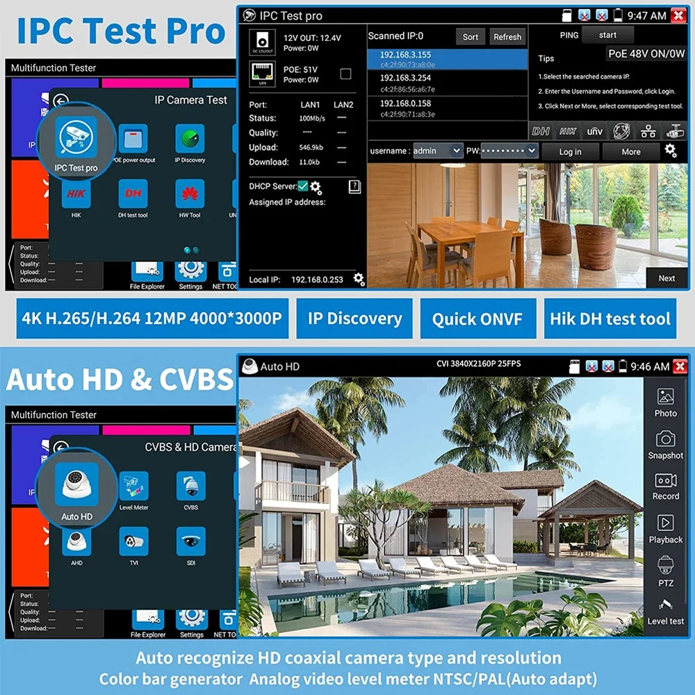 CCTV IPC Tester IPC51000/5200 Plus 8MP AHD CVI TVI Camera Tester VGA HDMI Input Camera Security Monitoring Network Cable Test