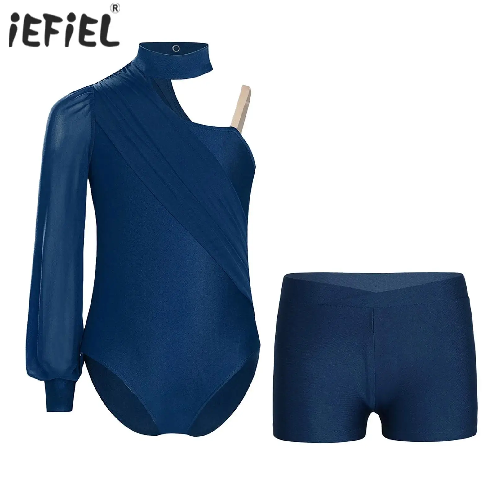 Kids Girls Ballet Sets Figure Skating Gymnastics Dance Outfit Long Sleeve Ruched Mesh Leotard with V-front Waistband Shorts Suit