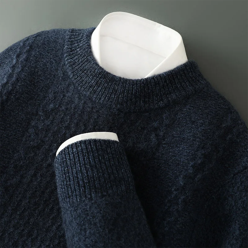 100% Pure Wool Sweater Men's Round Neck Thick Twisted Knit Bottoming Shirt Business Casual Winter Wool Pullover