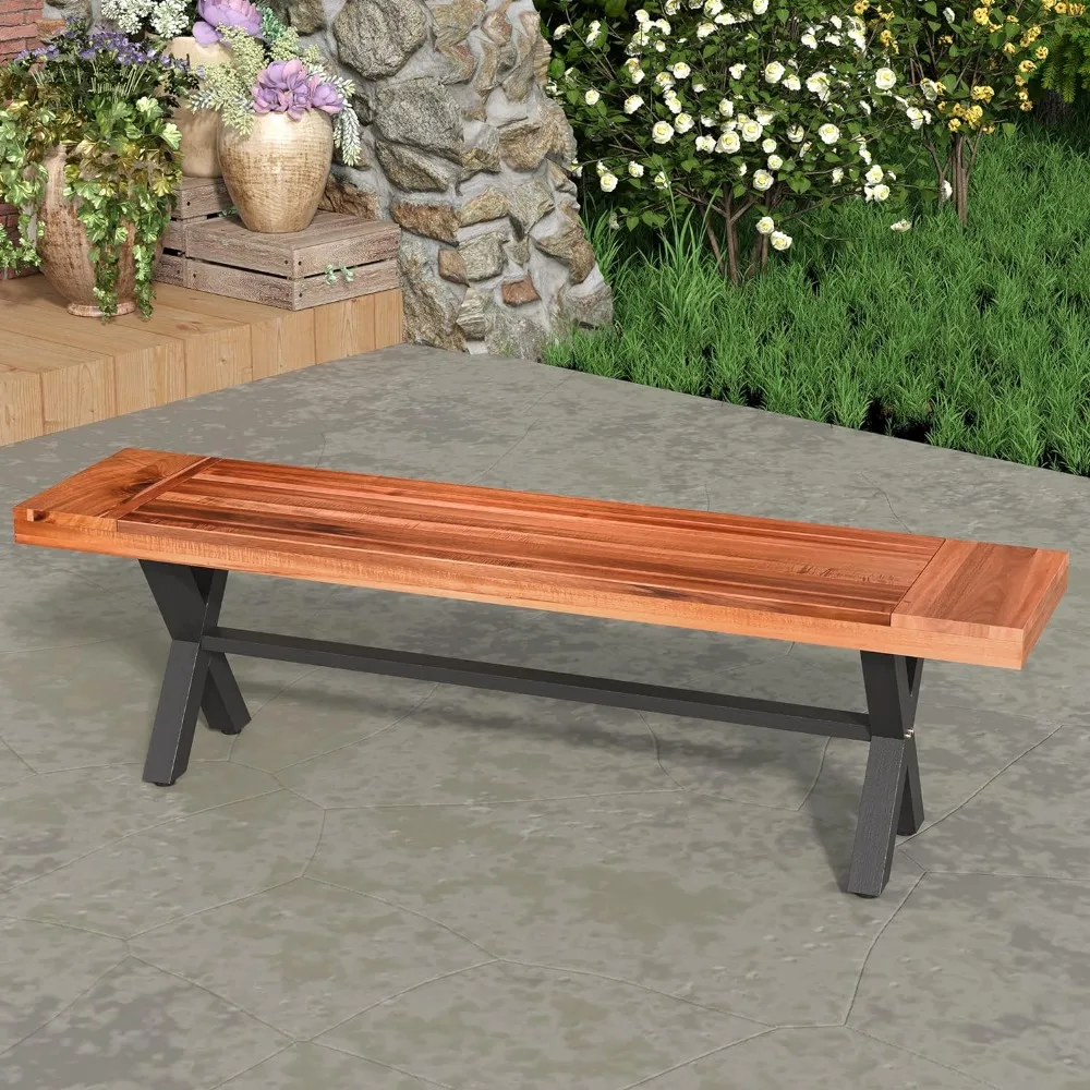 Outdoor Acacia Wood Bench,Oil Finished Teak/Rustic Meta Bench, 63