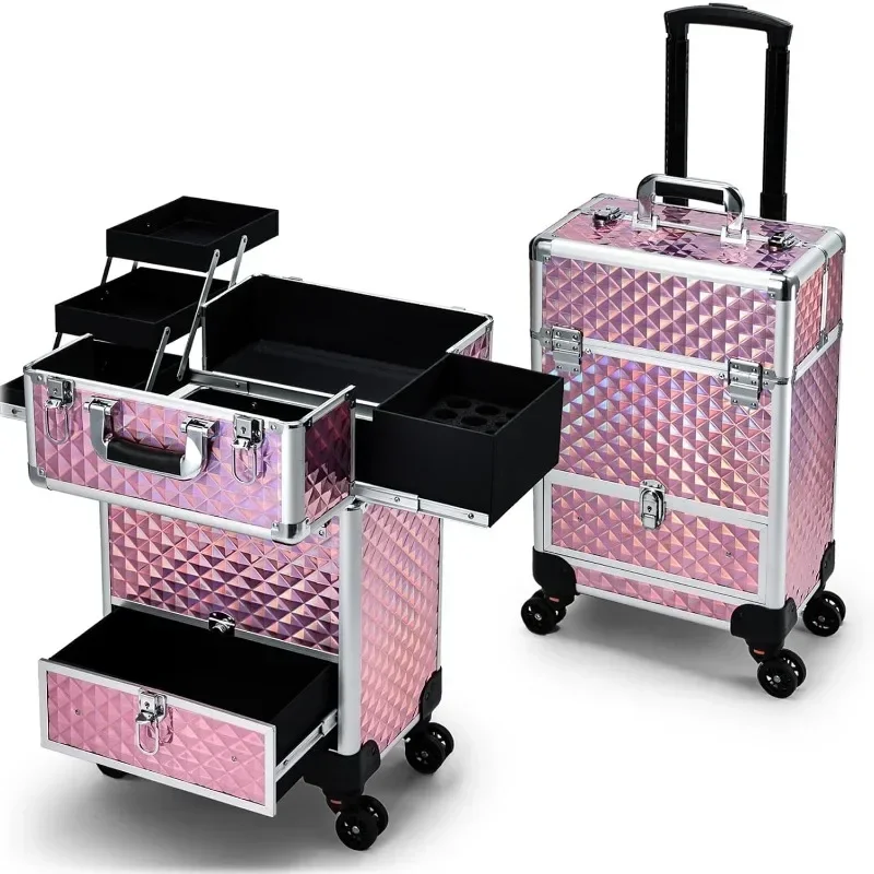 

l Rolling Makeup Case with Drawer Travel Trolley Cosmetology Case on Wheel Makeup Storage Salon Barber Case Traveling Cart Trun