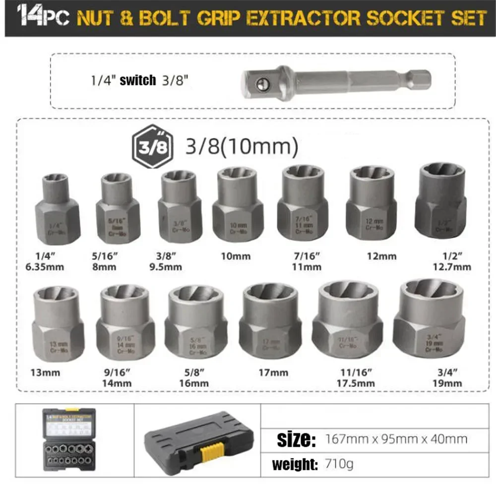 14-Piece Bolt Nut Extractor Socket Set Impact Screw Puller Tool for Damaged Fasteners, W/ Storage Box