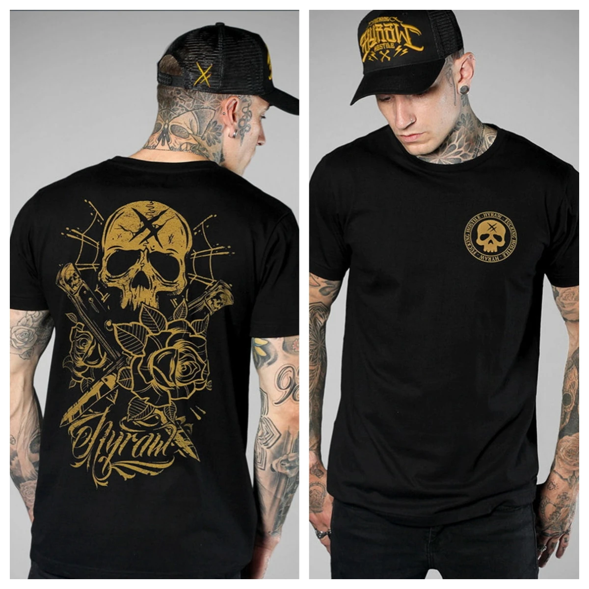 Family Matching T‑Shirt Black Skull Rose Dagger Dual‑Side Print Small Chest Badge Large Back Graphic Gothic Streetwear SleeveTee