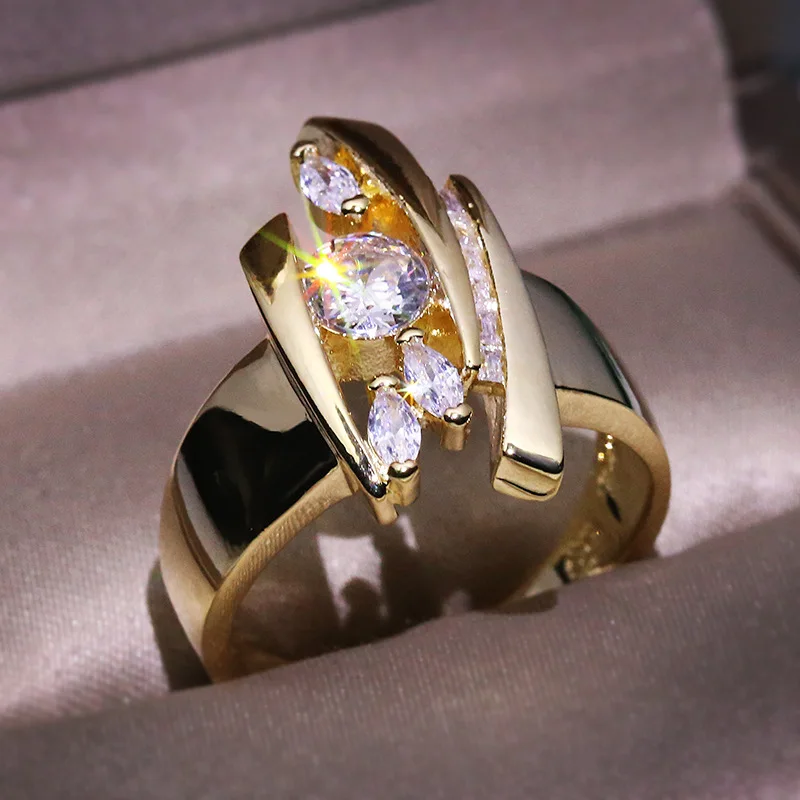 Luxury S925 Silver Gold Color Geometric Shape Women Rings Hiphop Party Stylish Female Finger Dazzling Lady\'s Fashion Jewelry