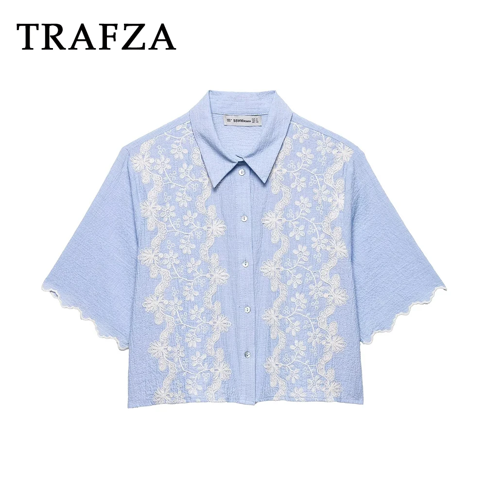 

TRAFZA Chic Purple Lace Embroidery Woman Casual Shirt Button Wave Cut Half Sleeve Short Shirt Fashion 2025 Summer Vintage Blouse