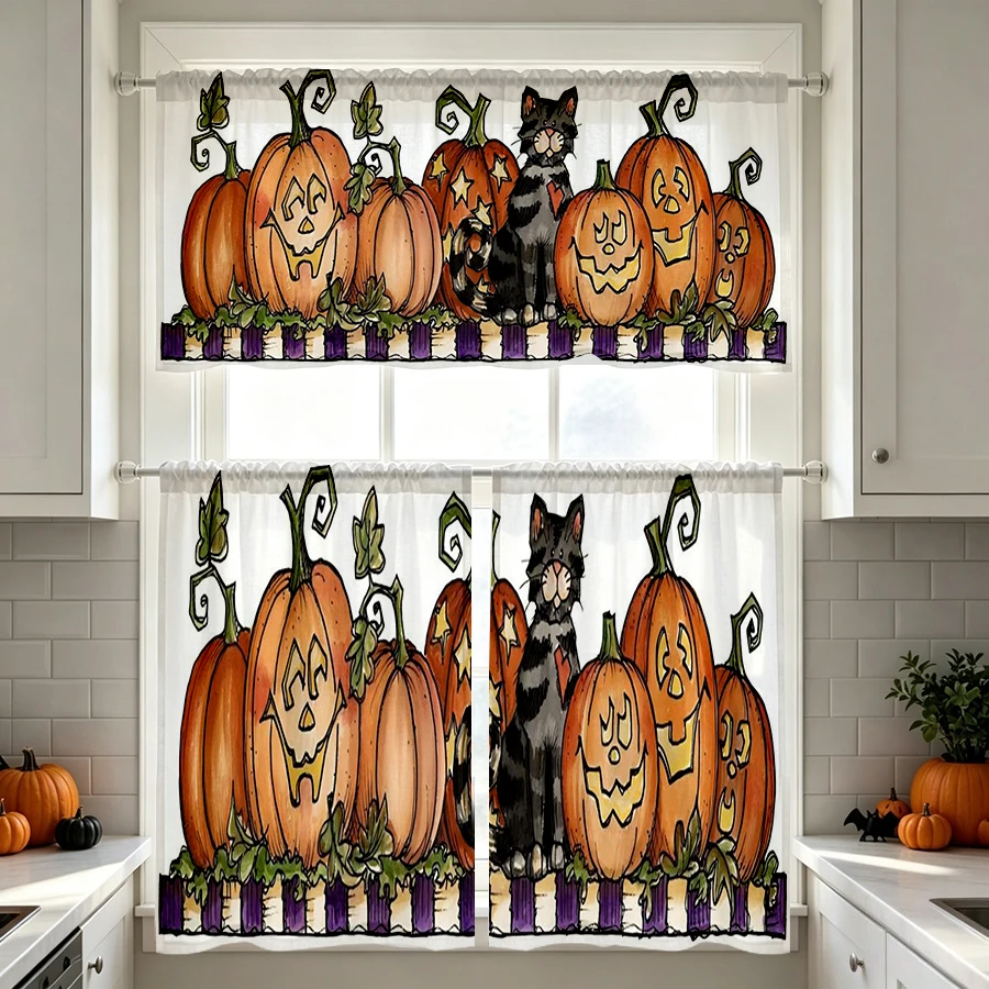 Halloween Fall Kitchen Curtains, Pumpkin Pile Cat Fence, Digital Print, Kitchen Dining Room, Rod Pocket Polyester, Home Decor