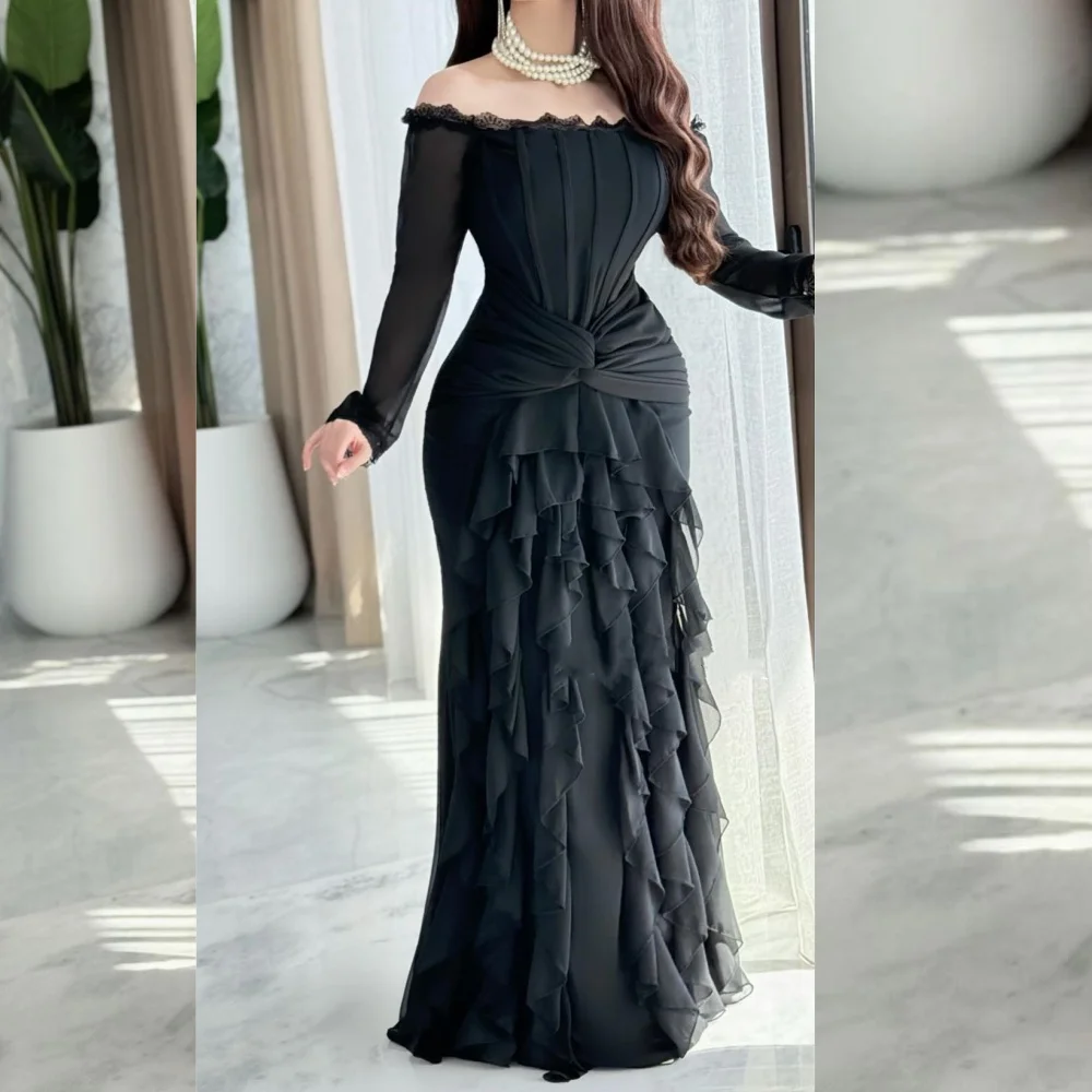

Customized Sparkle Jersey Pleat Ruffle Trumpet Off-the-shoulder Long Dresses Bespoke Occasion Chinese Style