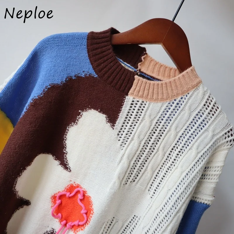 

Loose Versatile Contrast Color Knit Top Female O-neck Design Sense Sweater Woman Long Sleeve Autumn New Pullovers Women