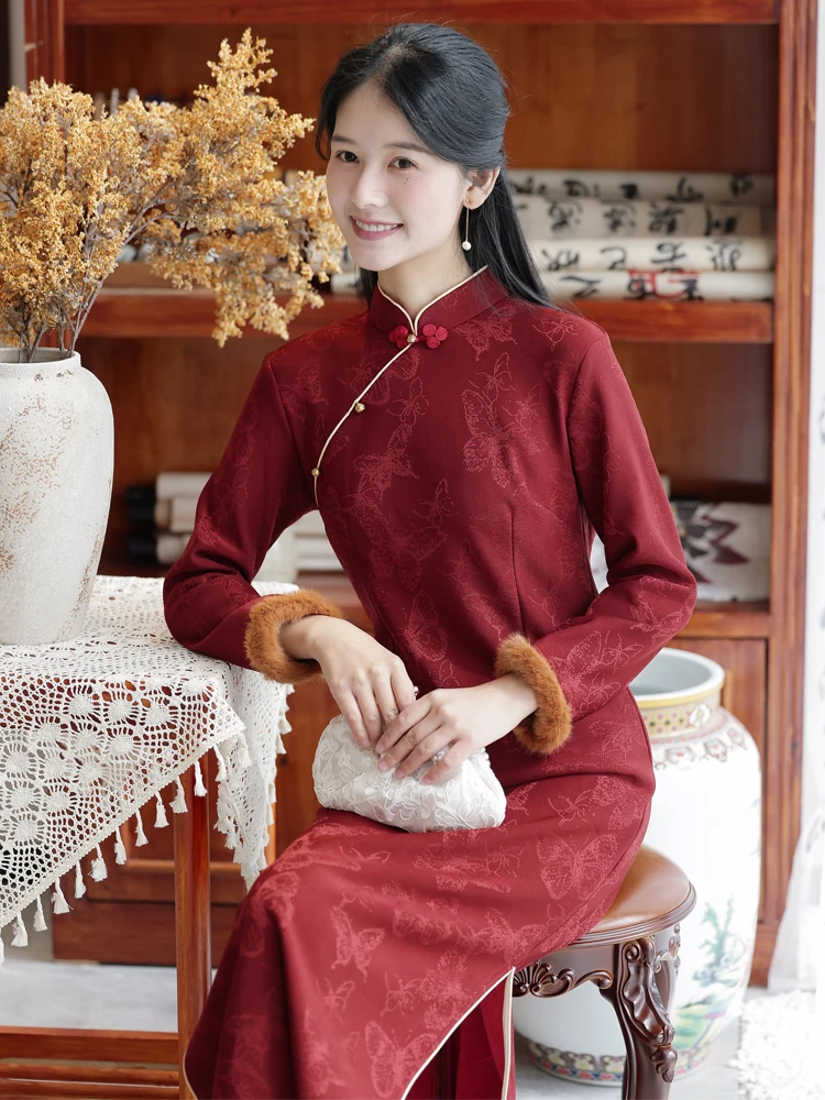 

Red Fce-Lined Slim Fit Dr Long Sve Midi Skirt Wedding Engagement Par Wear Vintage Sle Warmth Guaranteed