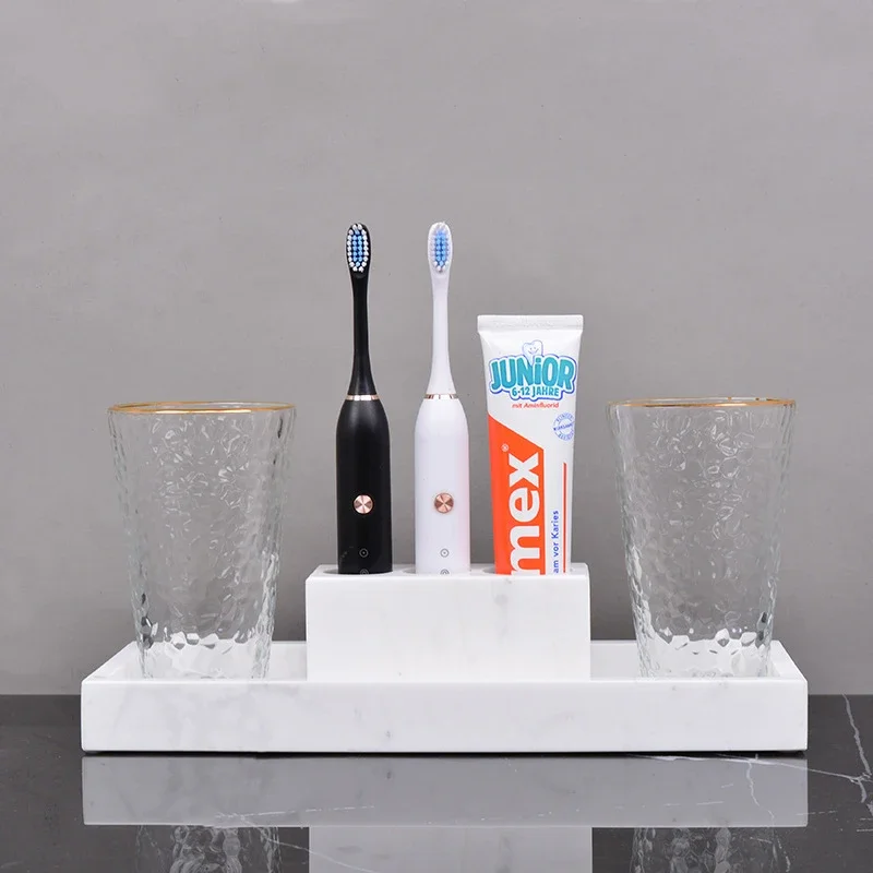 Wholesale Customized Natural Marble Bathroom Set Electric Toothbrush Holder Glass Cup Tumbler Tray Bathroom Accessories Sets