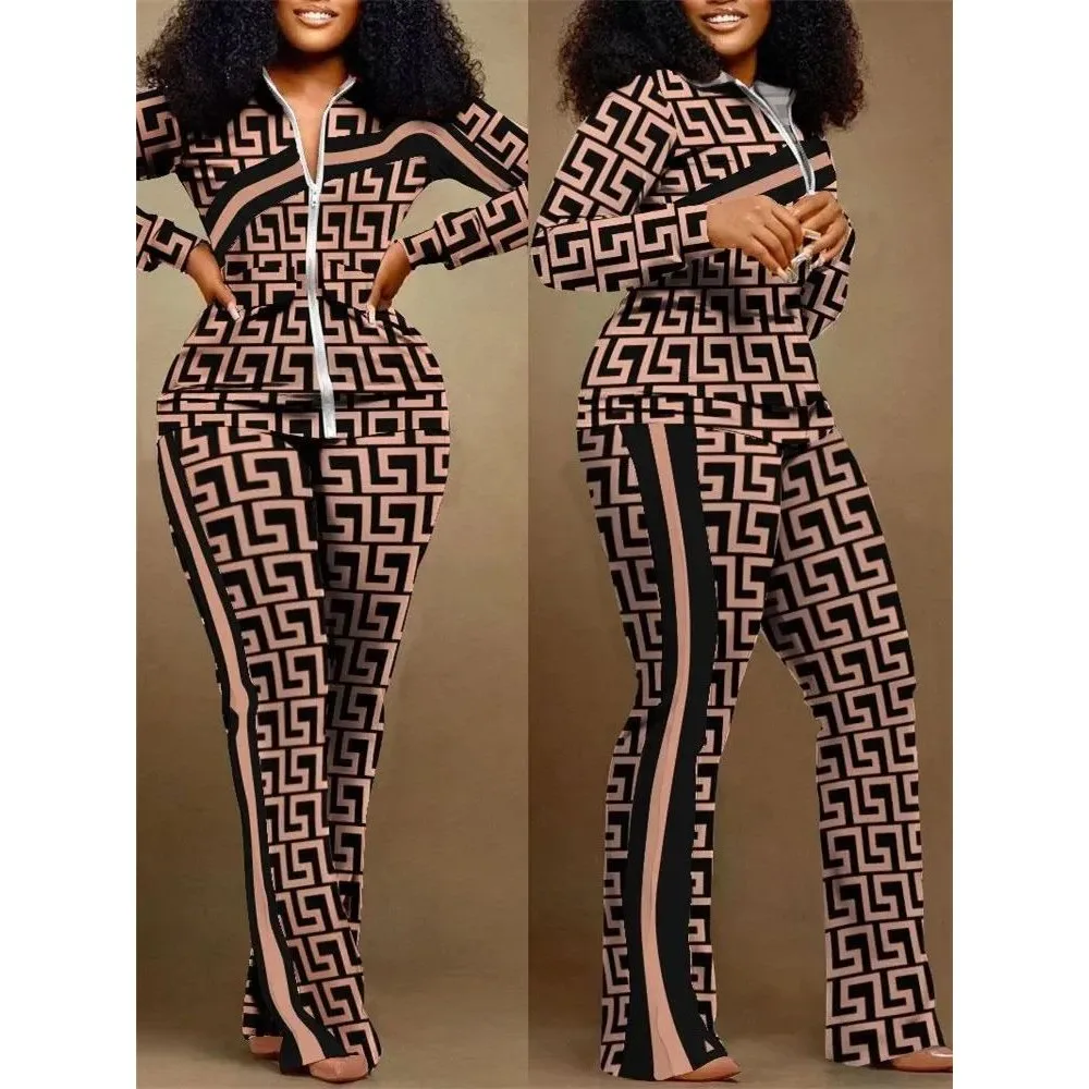 

Women's Geometric Print Zip Two-Piece Set Spring Autumn Faionable Casual Outfit Comfortable Fit for Various Ocns