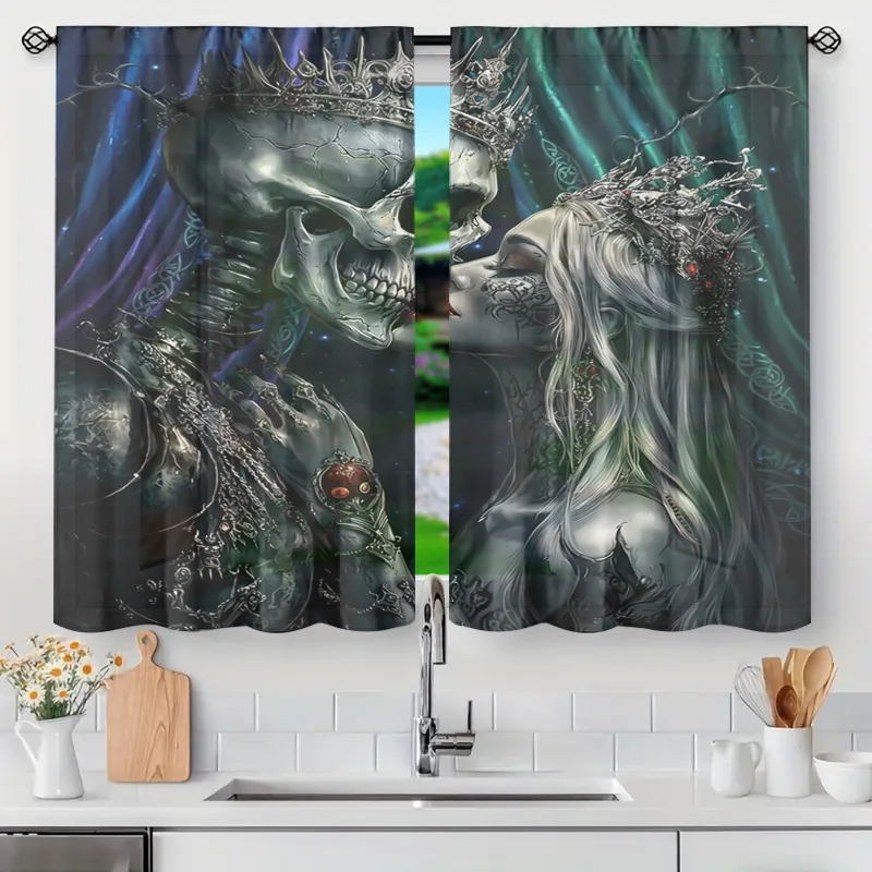 Mysterious Gothic Skeleton Skull Print Curtain Panel Window Drapes Dark Fantasy Halloween Spooky Room Decor Filtering Filtration